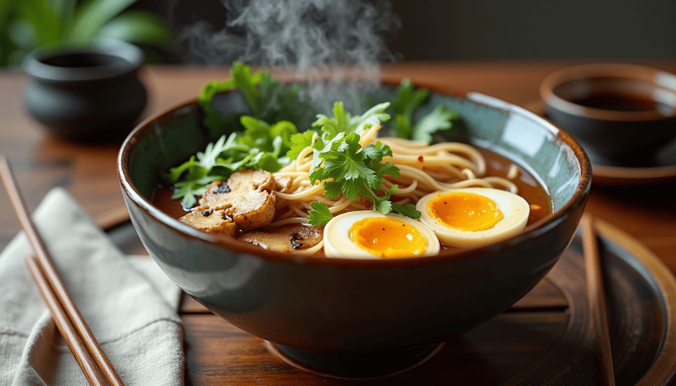 Skål med ramen, grönsaker, svamp och ägg